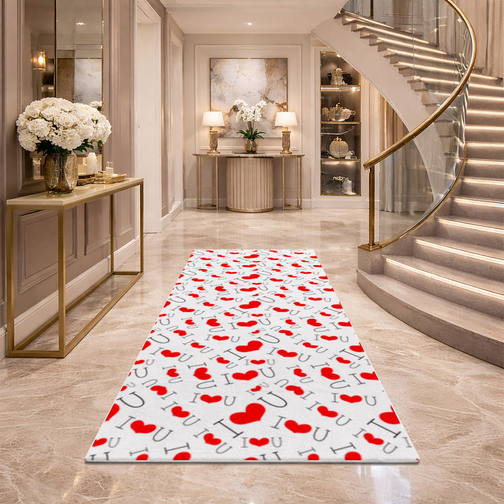 14 Şubat I Love You Yazılı Kalp Desenli Romantik Tasarım Antre ve Koridor Halısı