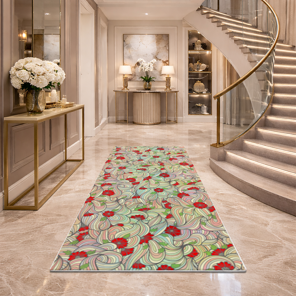 Floral Retro Wavy Pattern Hallway & Entryway Rug