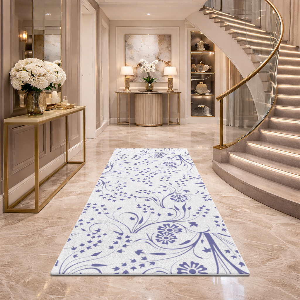 Blue White Vintage Floral Pattern Hallway & Entryway Rug