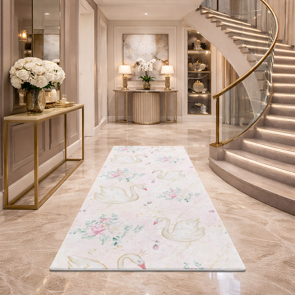 Pastel Watercolor Swan Floral Pattern Hallway & Entryway Rug