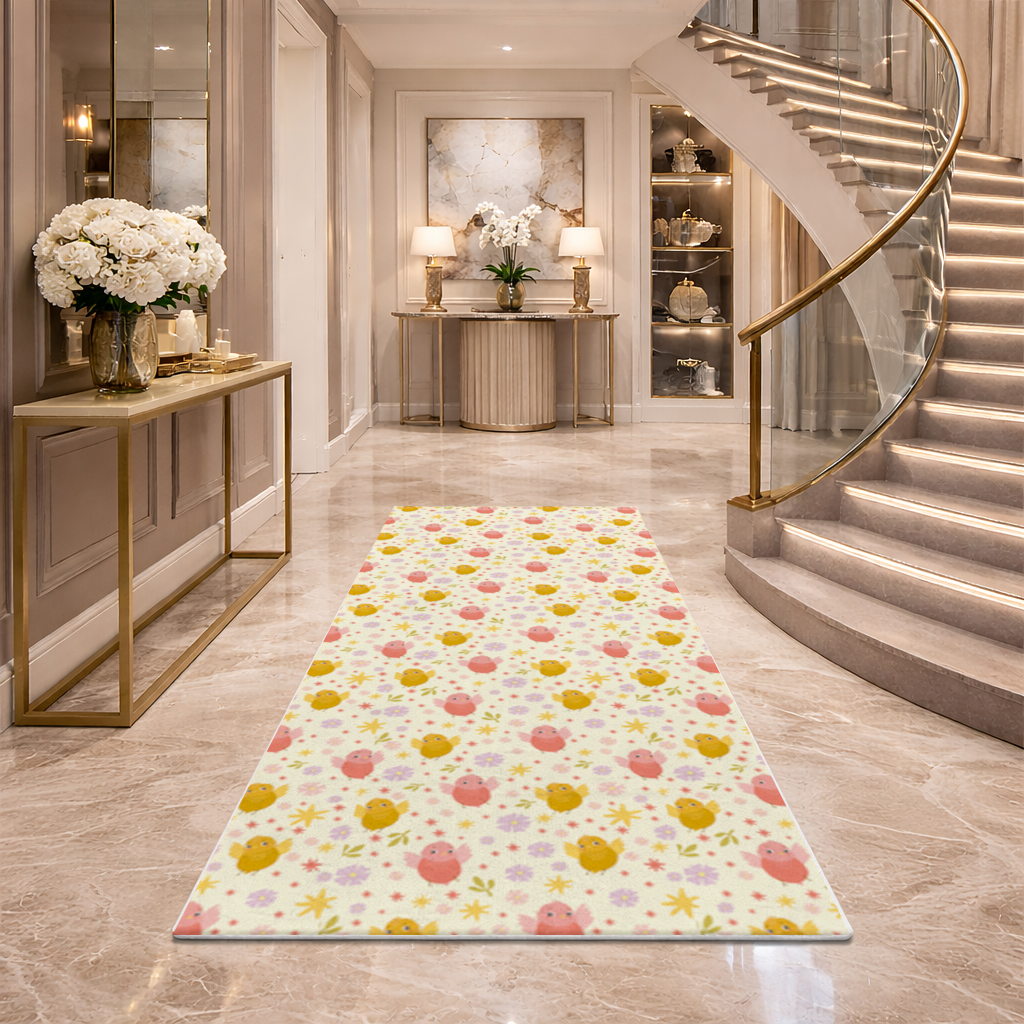 Cute Birds and Floral Pastel Spring Pattern Illustration Hallway & Entryway Rug