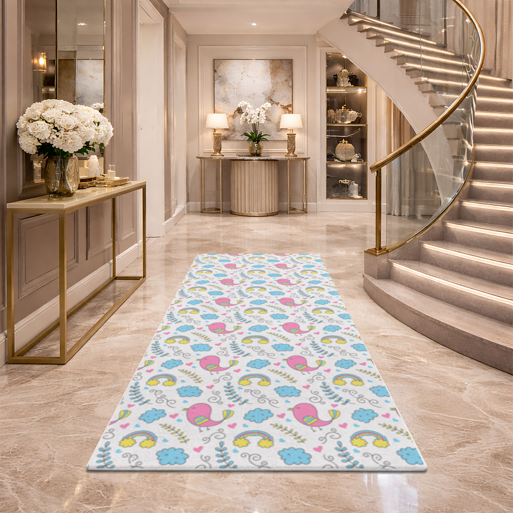 Cute Pink Bird and Rainbow Kids Pattern Hallway & Entryway Rug
