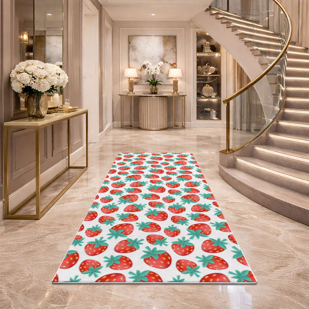 Canlı Kırmızı Çilek Desenli Yaz Motifi Antre ve Koridor Halısı