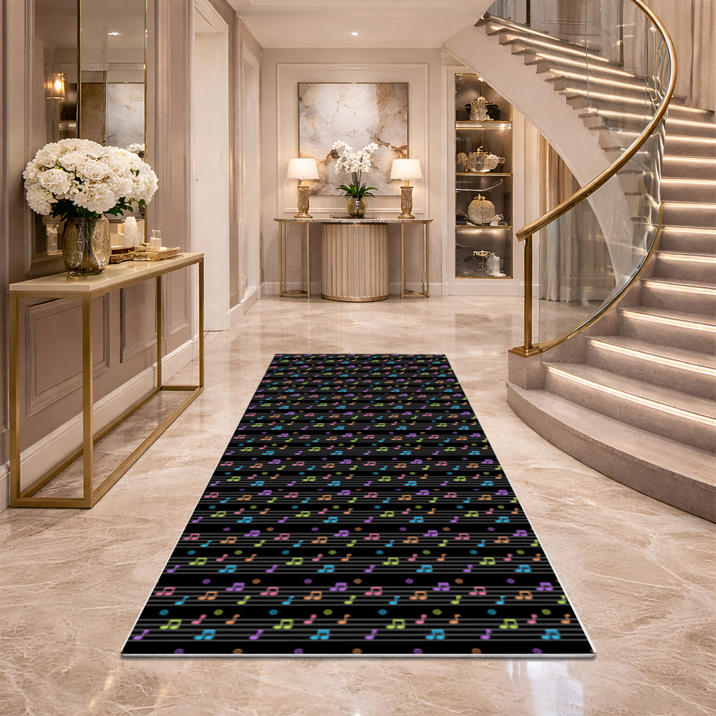 Vibrant Neon Music Notes and Rhythm Seamless Pattern Hallway & Entryway Rug