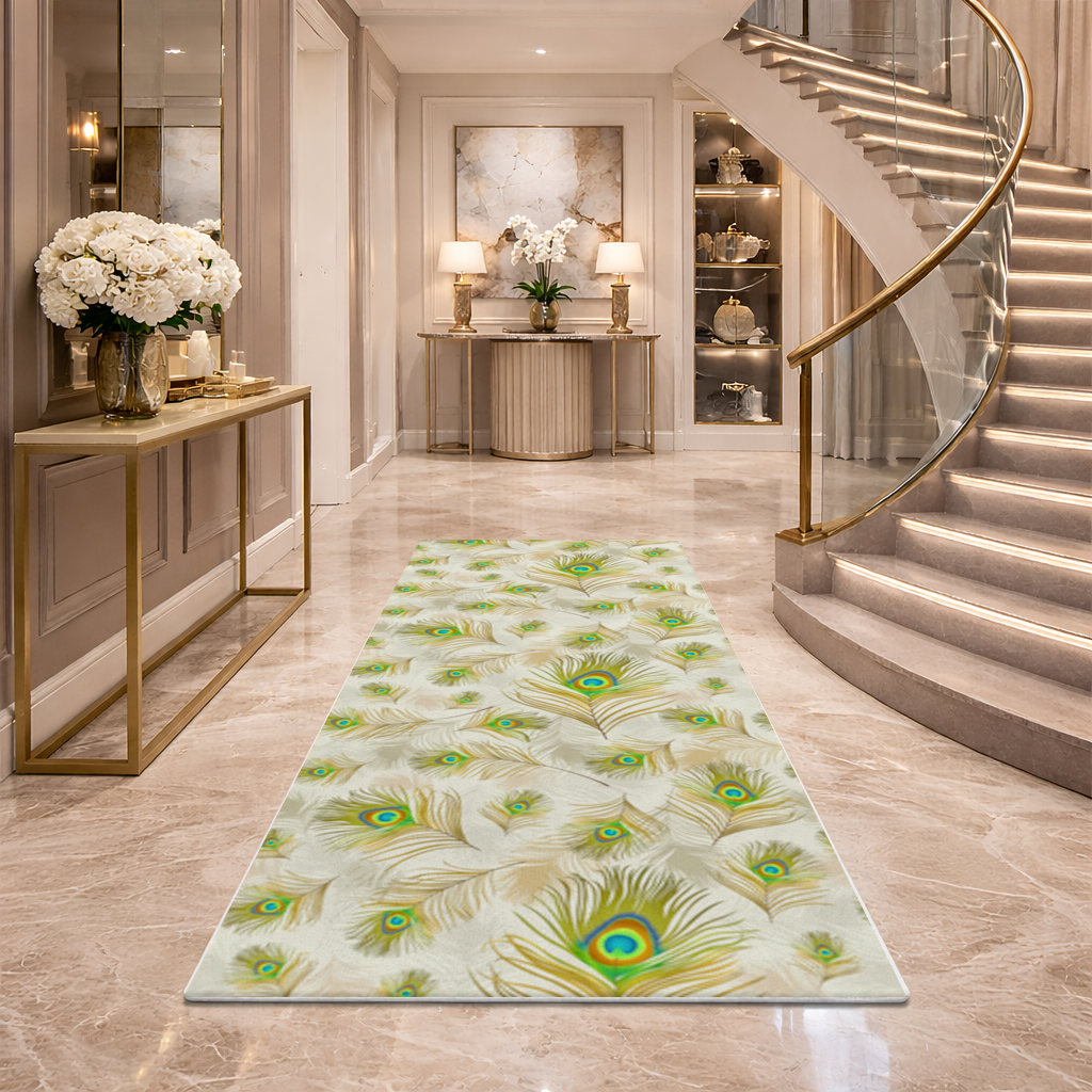 Elegant Peacock Feathers and Exotic Nature Seamless Pattern Hallway & Entryway Rug