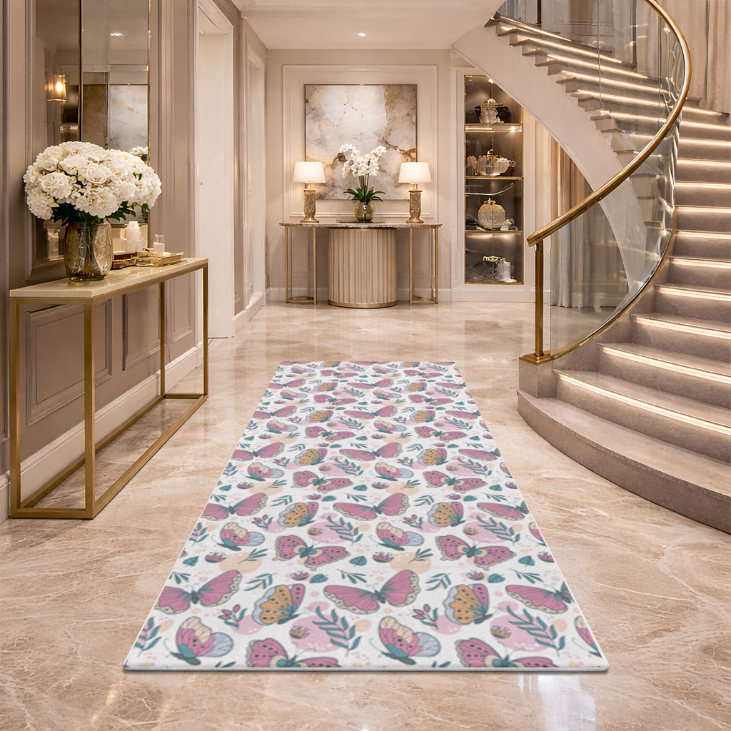 Pastel Butterflies and Botanical Leaves Seamless Pattern Hallway & Entryway Rug