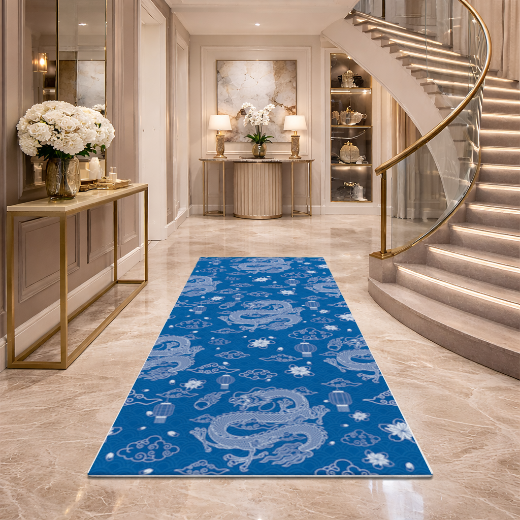 Traditional Dragon Pattern on Blue Background Hallway & Entryway Rug