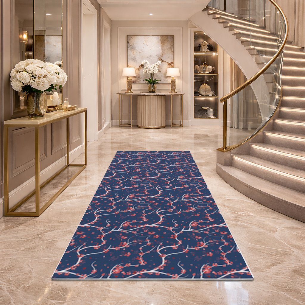 Red Floral Branch Pattern on Navy Background Hallway & Entryway Rug