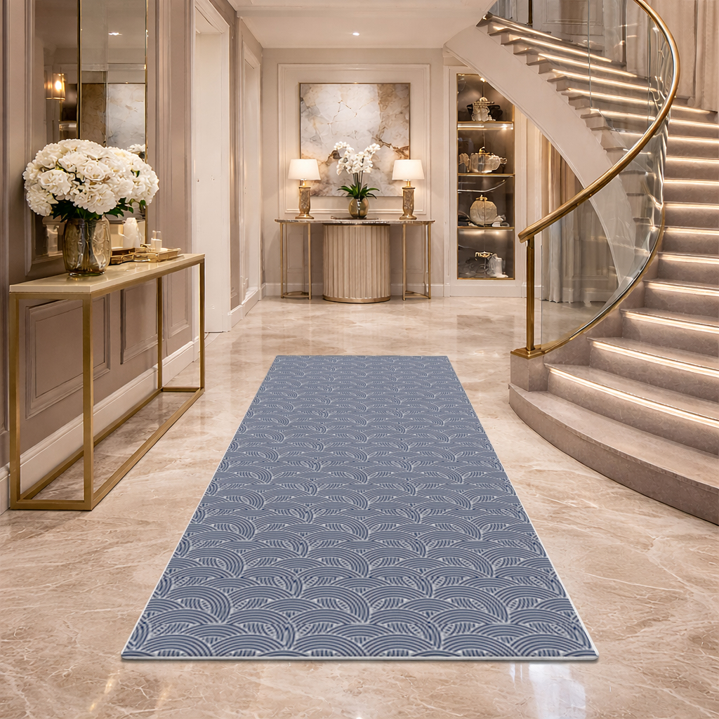 Navy and White Semi Circle Geometric Pattern Hallway & Entryway Rug