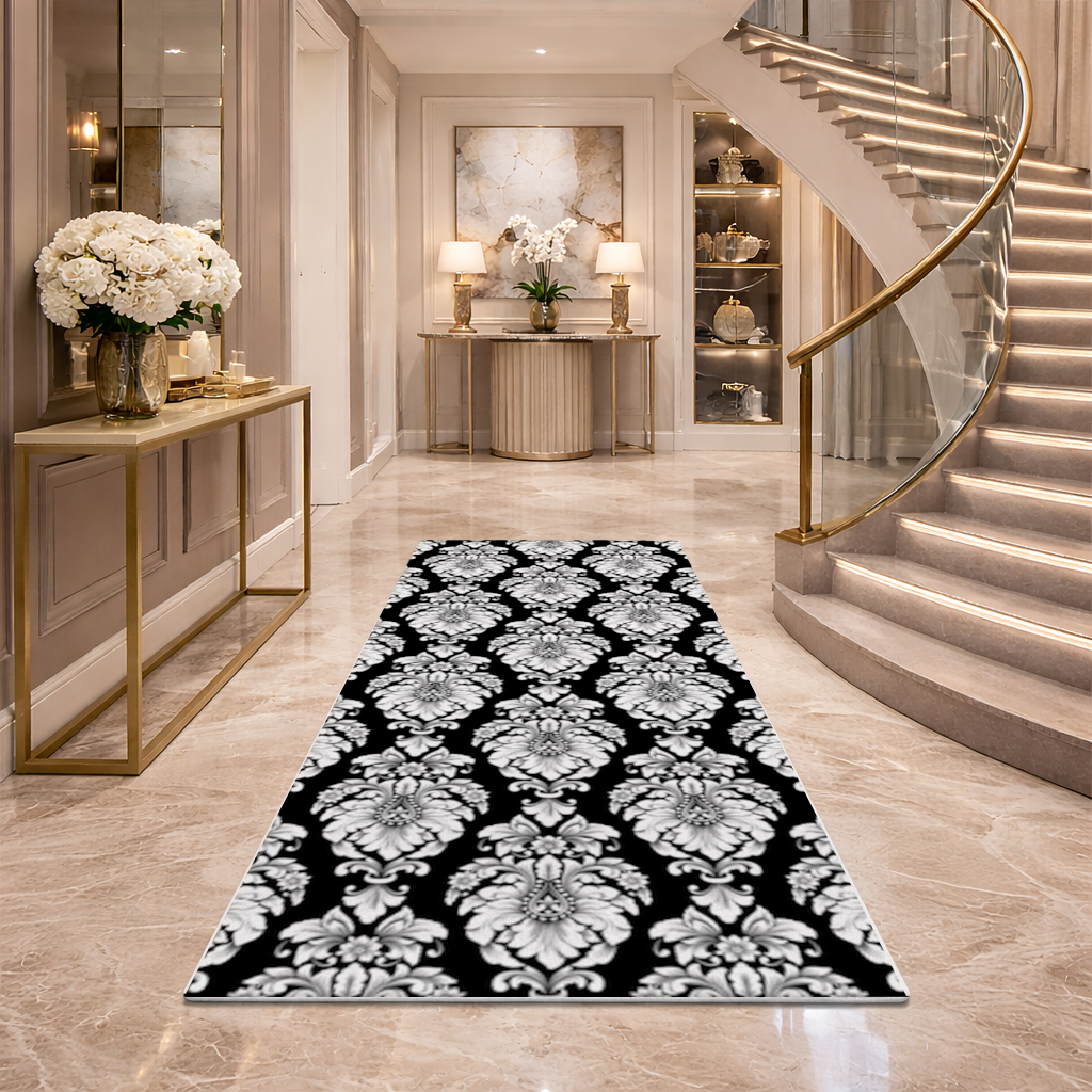 Black and White Baroque Floral Pattern Hallway & Entryway Rug