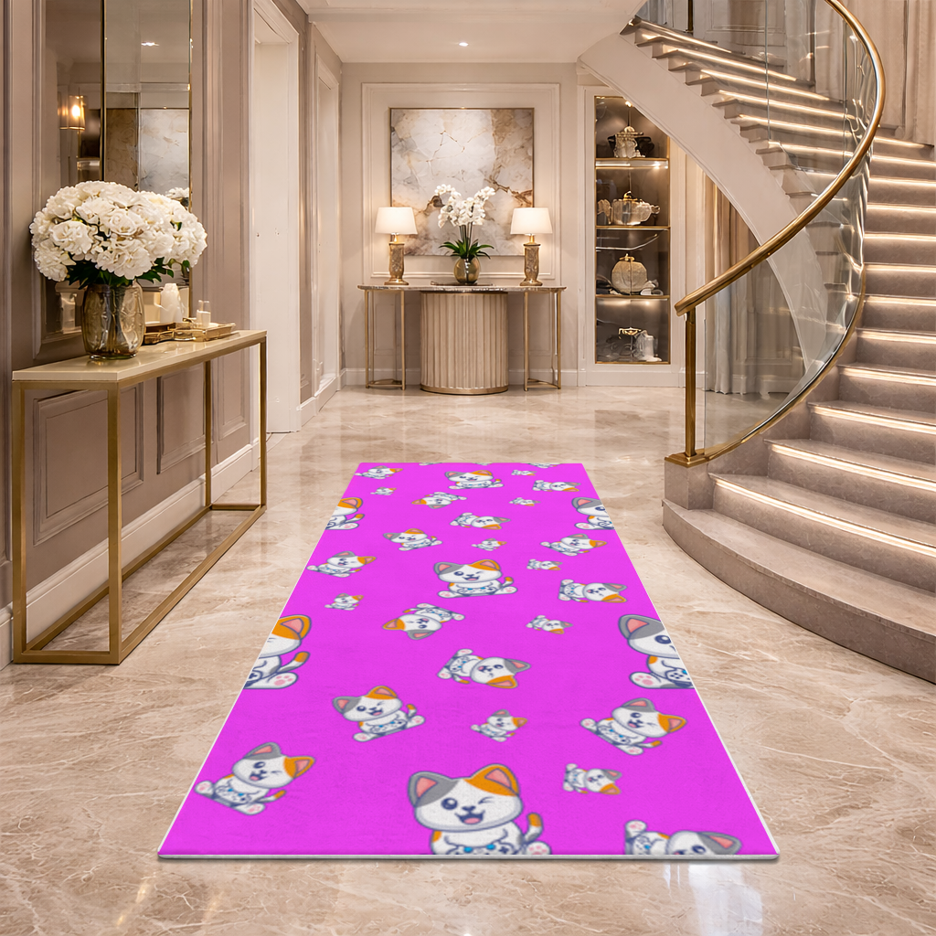 Cute Cartoon Cat Pattern on Pink Background Hallway & Entryway Rug