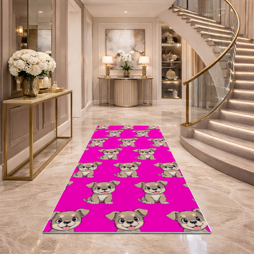 Cute Dog Illustration on Pink Background Hallway & Entryway Rug
