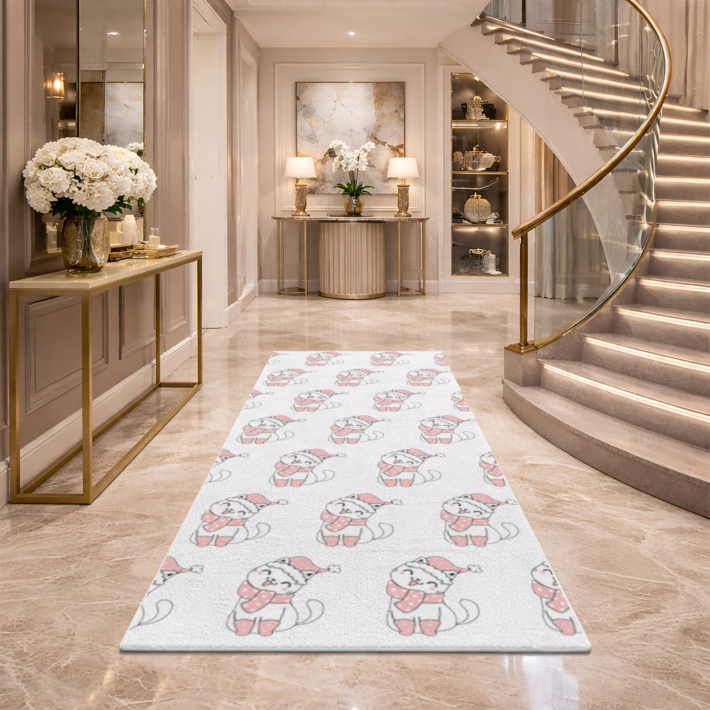 Cute Christmas Cat with Pink Polka Dot Outfit Hallway & Entryway Rug