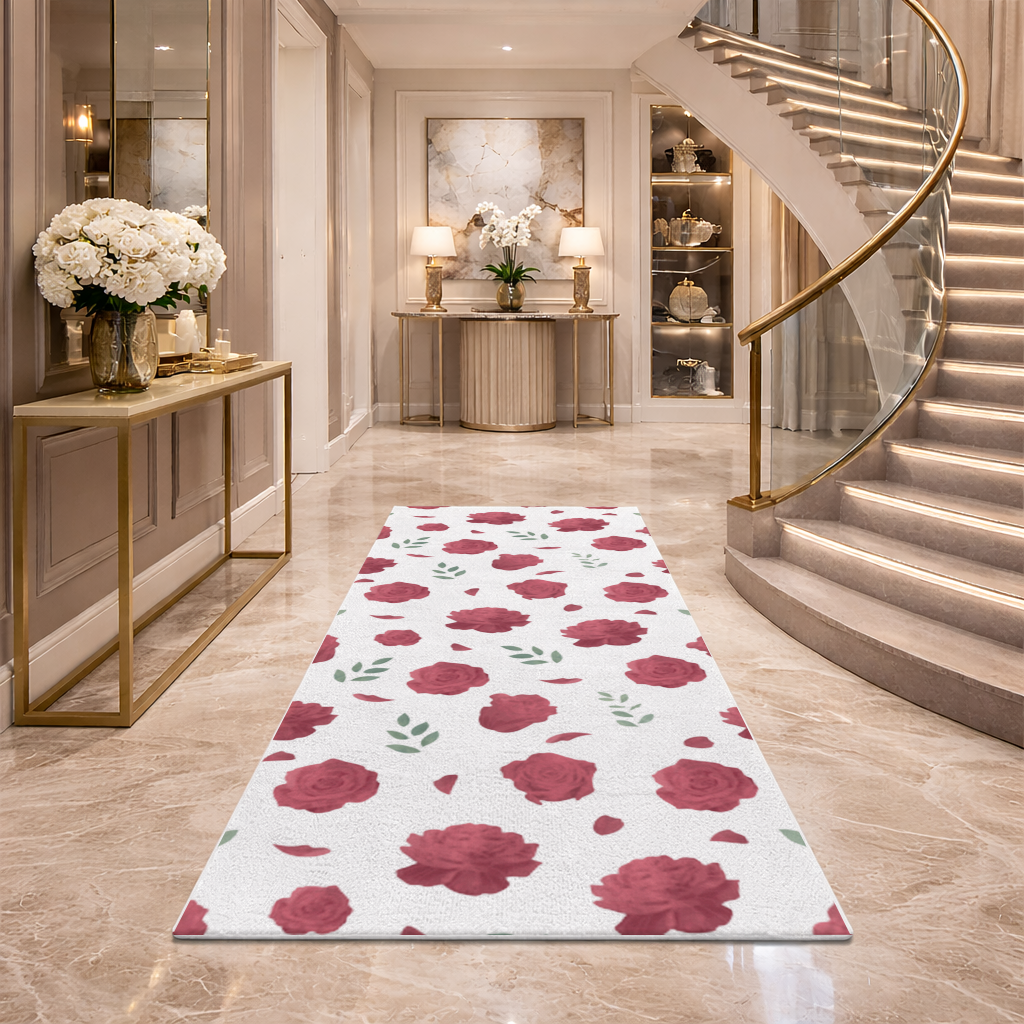 Red Rose and Leaf Romantic Seamless Pattern Hallway & Entryway Rug