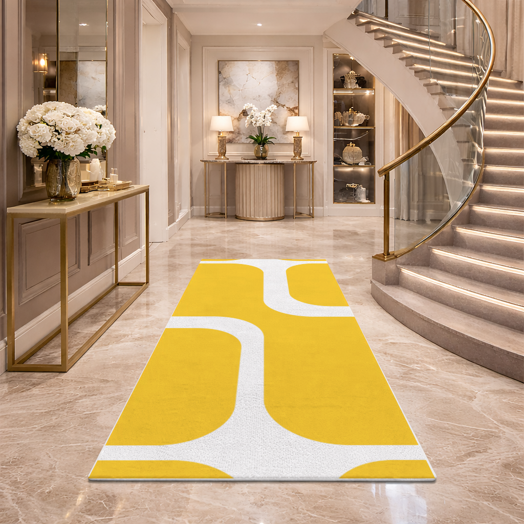 Yellow Geometric Labyrinth and Modern Abstract Pattern Hallway & Entryway Rug
