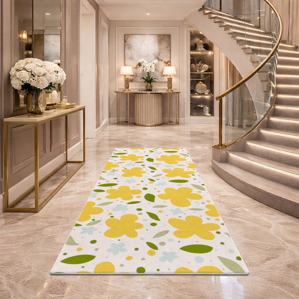 Yellow Floral and Leaf Boho Seamless Pattern Hallway & Entryway Rug