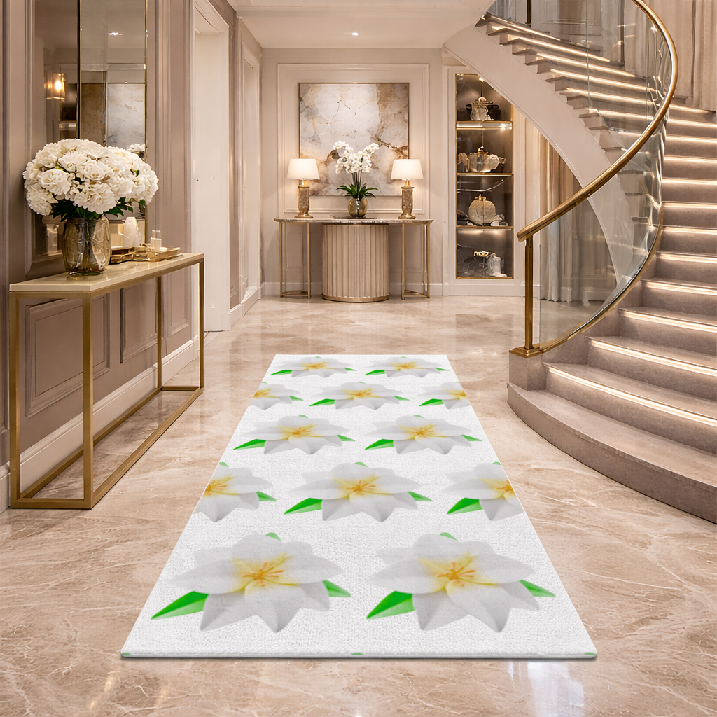 3D White Lily Flower Illustration Hallway & Entryway Rug
