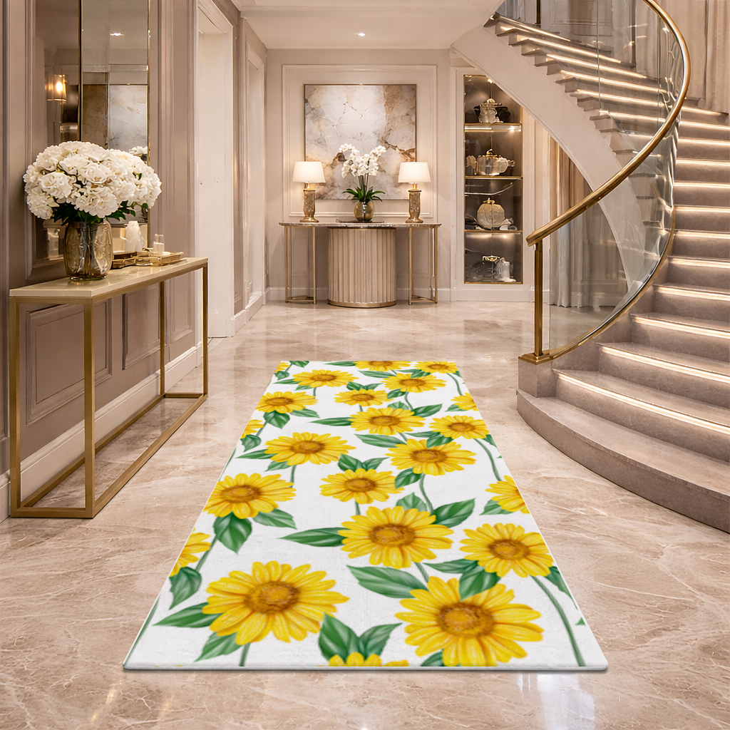 Vibrant Yellow Sunflower and Green Leaf Pattern Illustration Hallway & Entryway Rug