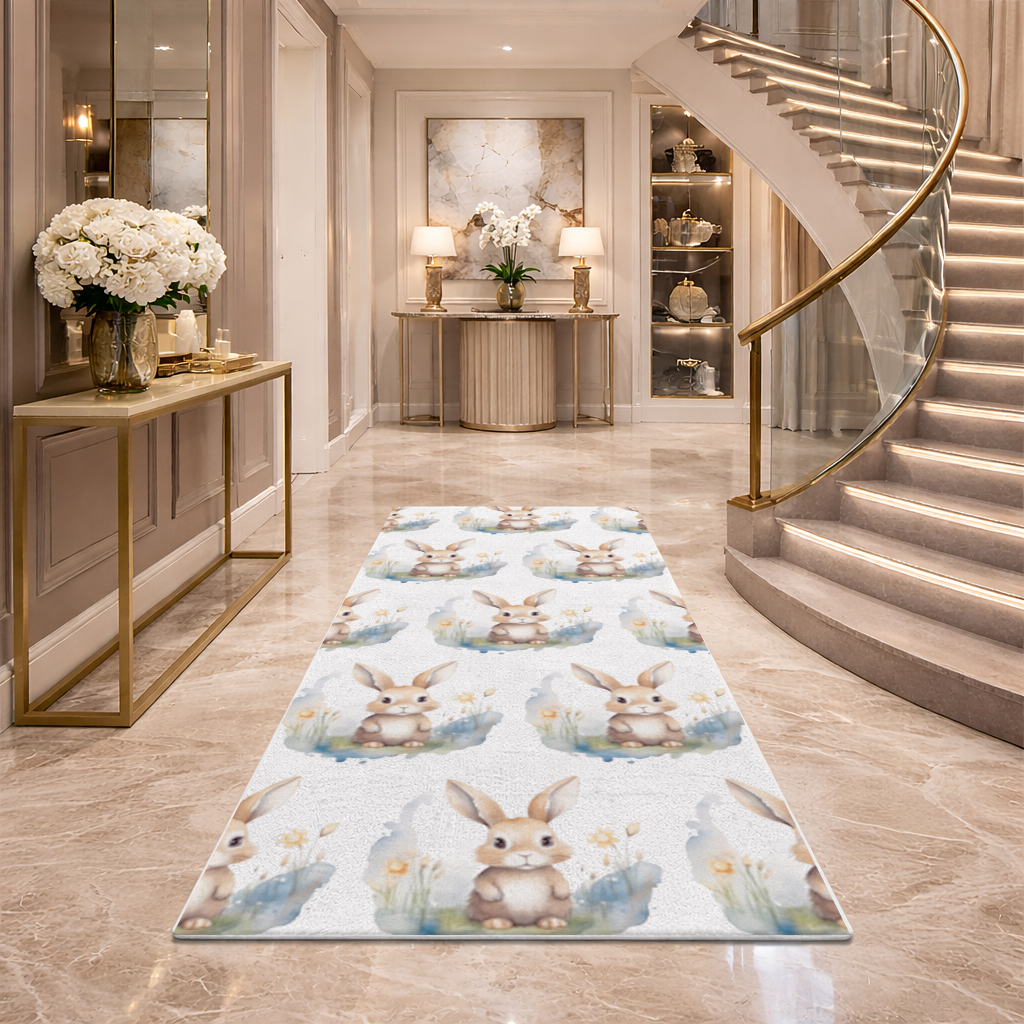 Cute Bunny Watercolor Illustration Hallway & Entryway Rug