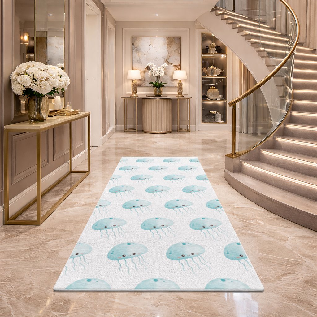 Cute Blue Jellyfish Character Hallway & Entryway Rug