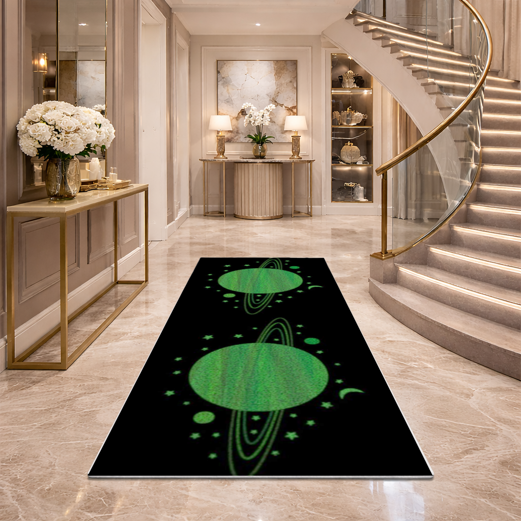 Green planets on a black background. Hallway & Entryway Rug