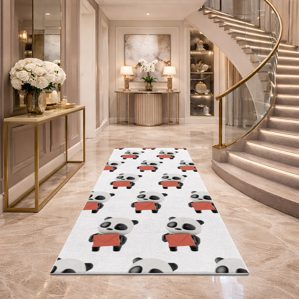 Happy Panda Character Holding Red Envelope Hallway & Entryway Rug