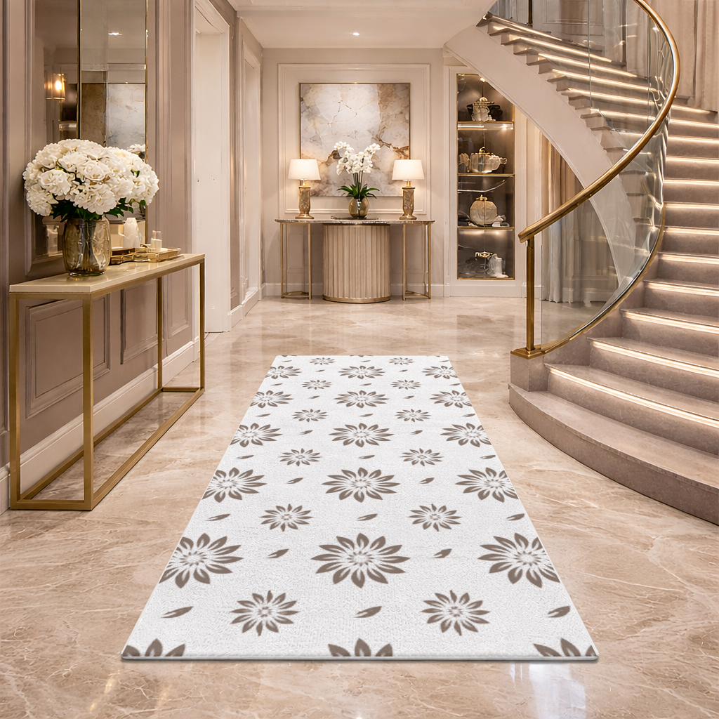 Minimalist Modern Brown Floral Pattern Hallway & Entryway Rug