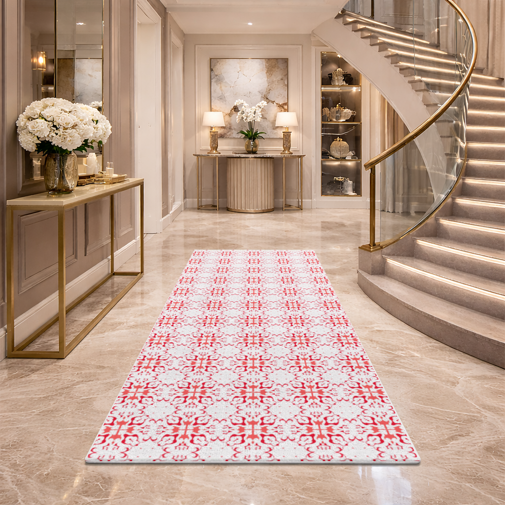 Red and White Traditional Tile Style Pattern Hallway & Entryway Rug