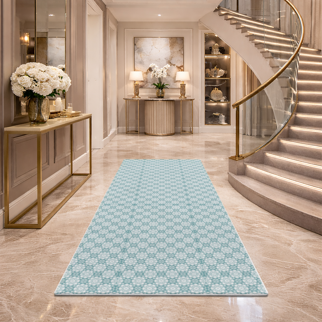 Blue Pixelated Geometric Ornament Pattern Hallway & Entryway Rug
