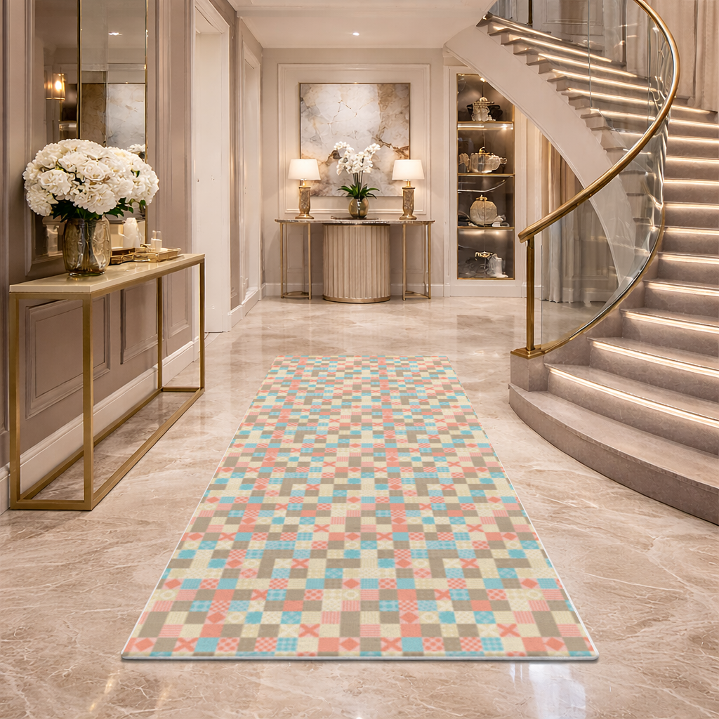 Colorful Modern Geometric Square Pattern Hallway & Entryway Rug