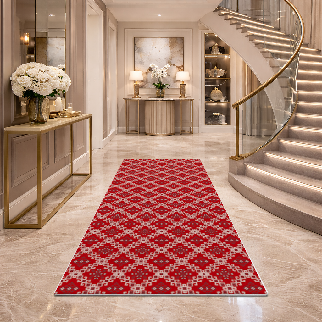 Red Ethnic Embroidery Pattern Hallway & Entryway Rug