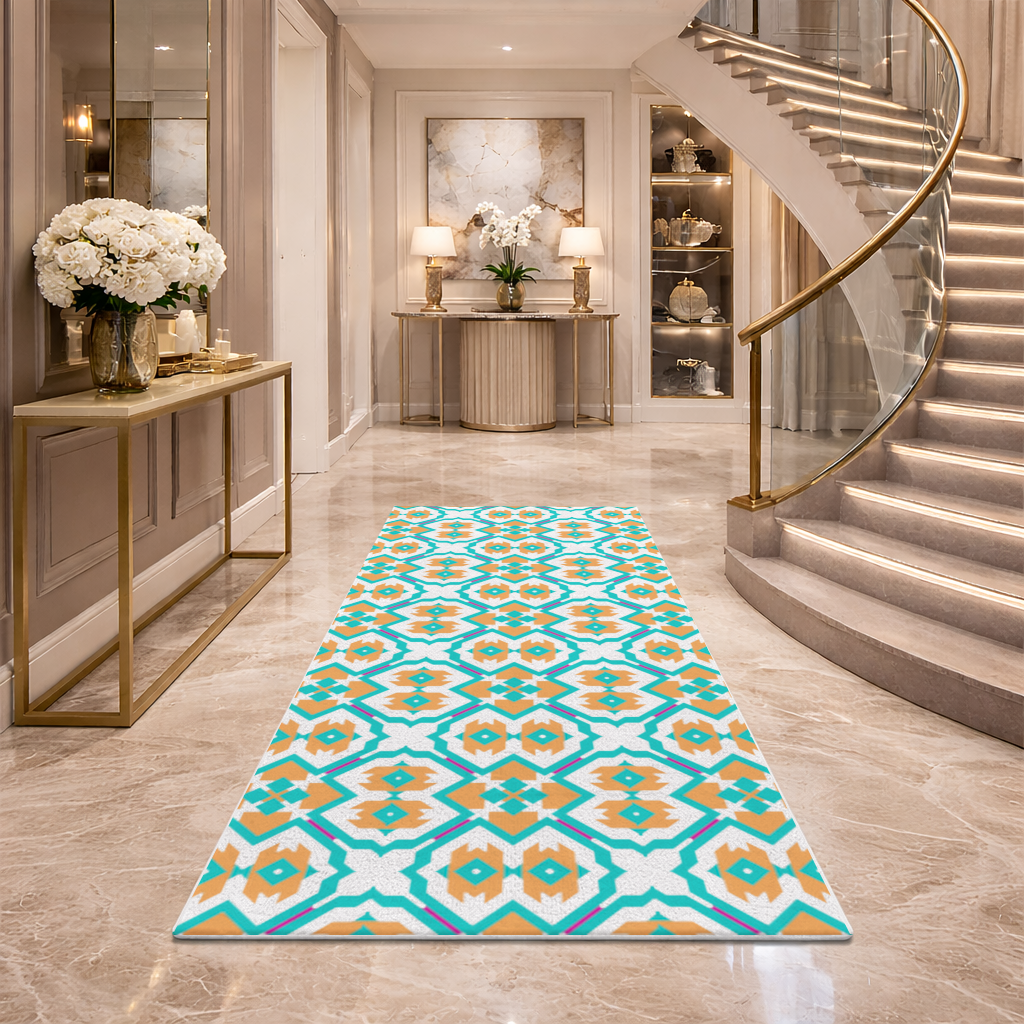 Orange and Turquoise Geometric Pattern Hallway & Entryway Rug