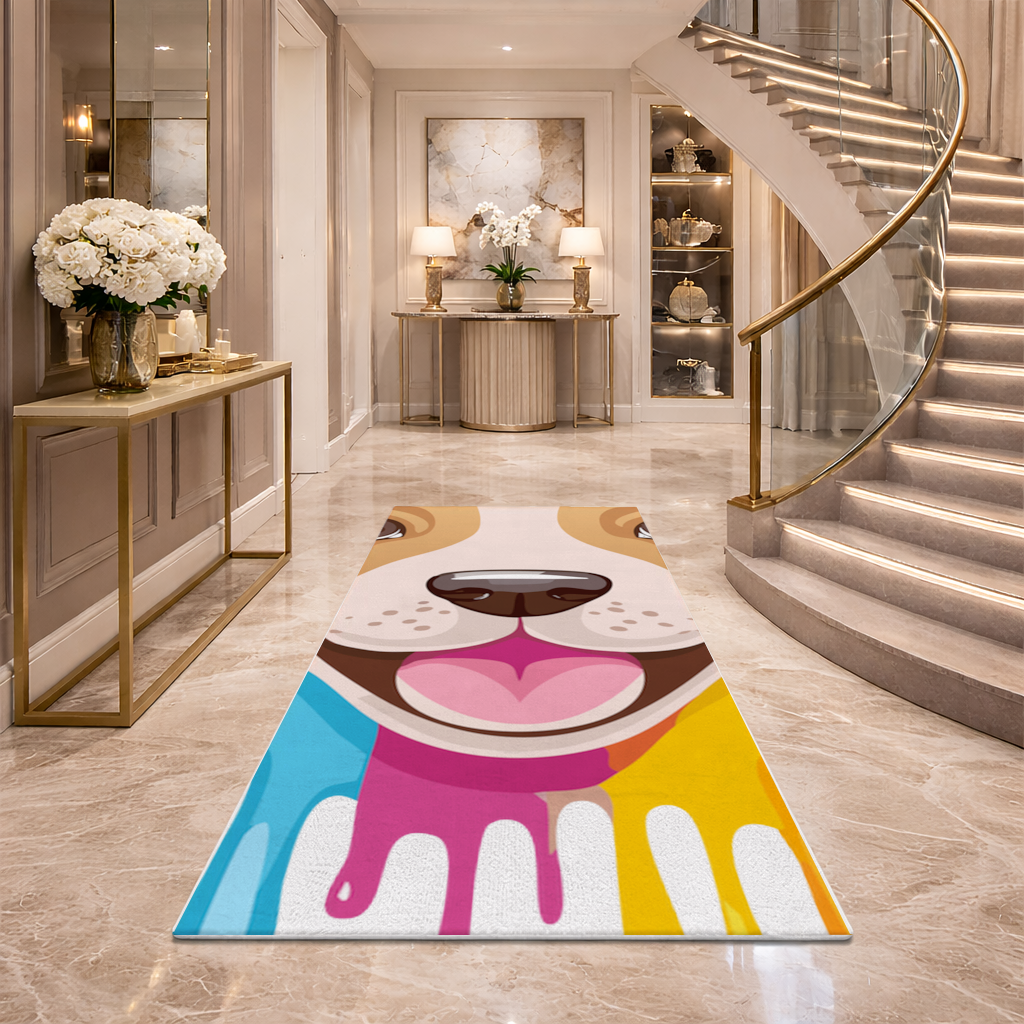 Renkli Boya Damlalı Mutlu Köpek Tasarımı Antre ve Koridor Halısı