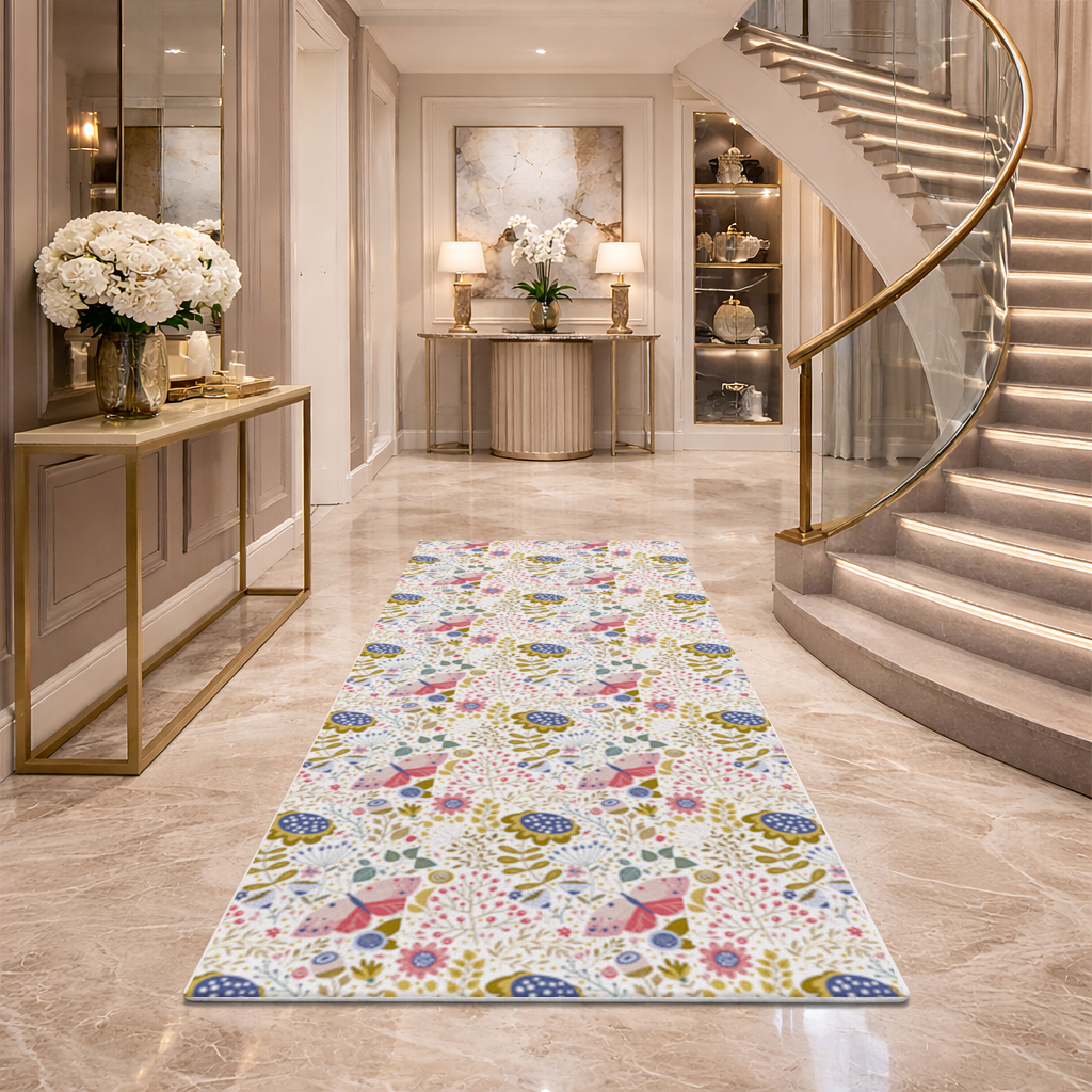 Folk Art Floral and Butterfly Pattern Hallway & Entryway Rug