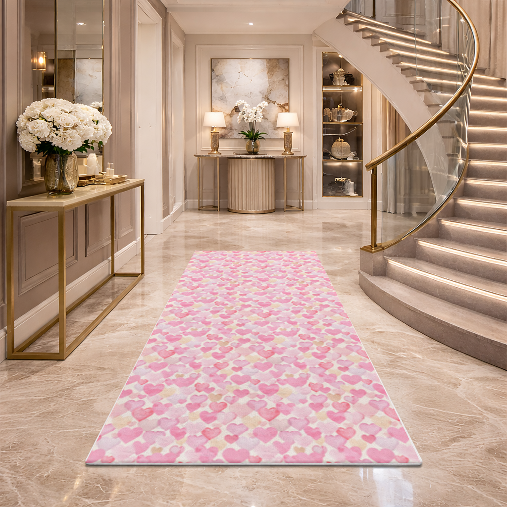Watercolor Pink Hearts Hallway & Entryway Rug