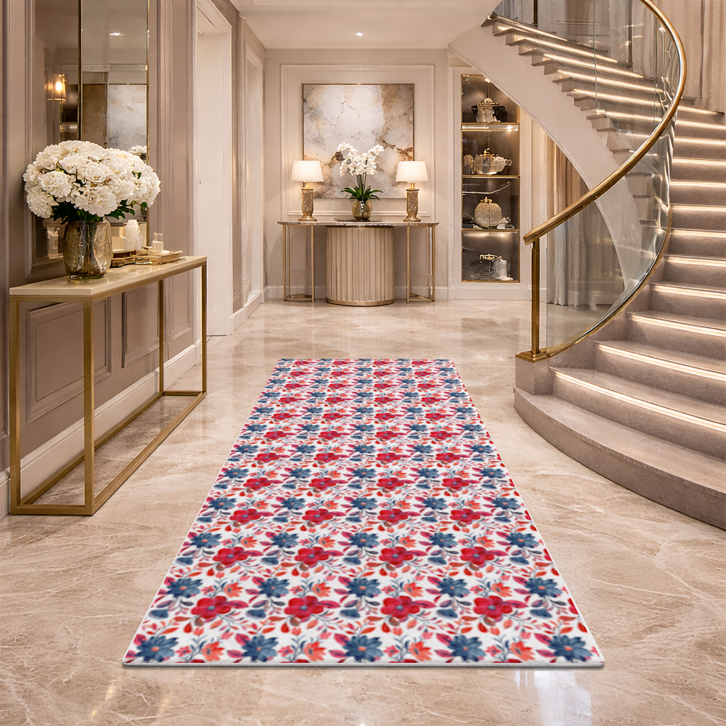 Watercolor Red Navy Floral Hallway & Entryway Rug