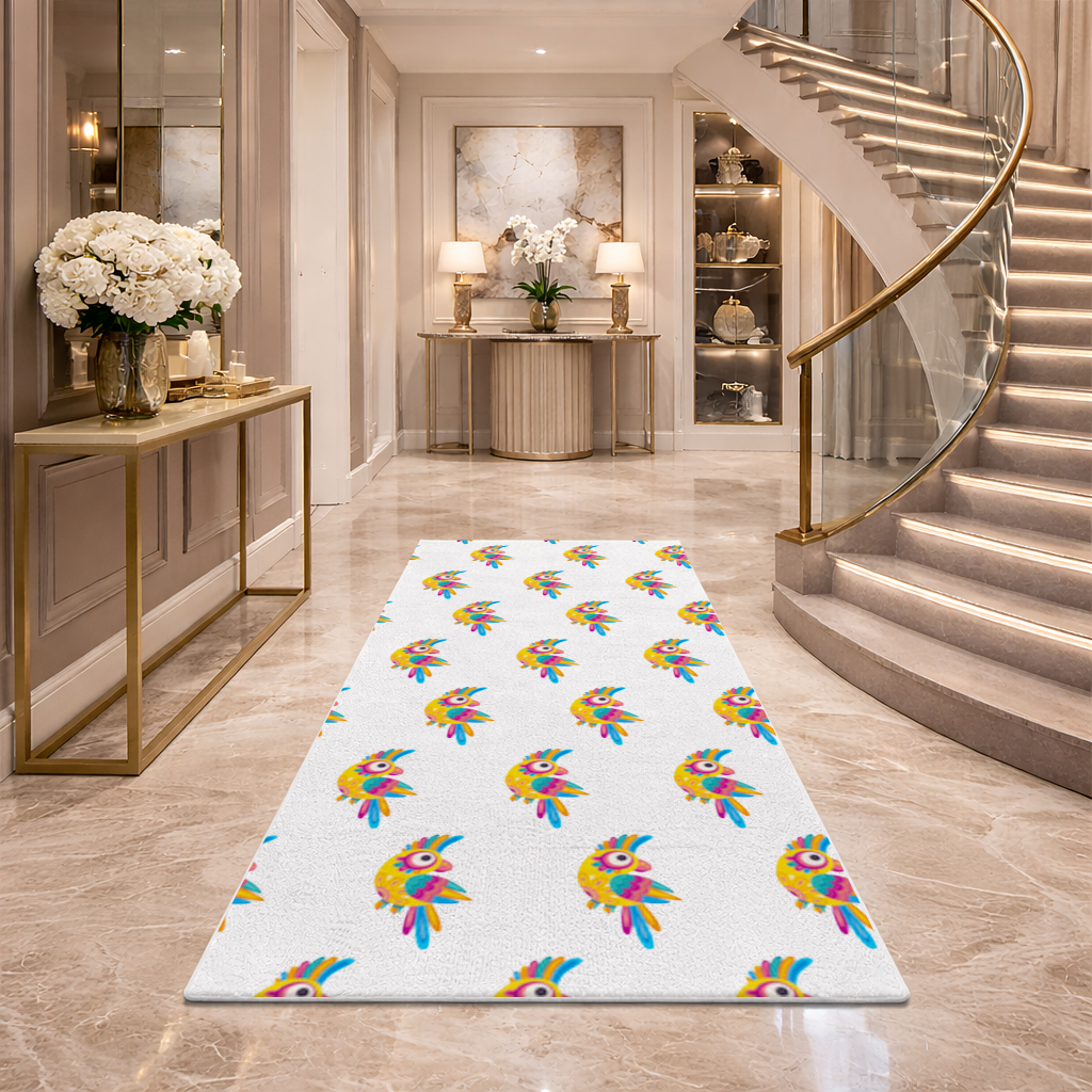Vibrant Tropical Parrot Folk Hallway & Entryway Rug