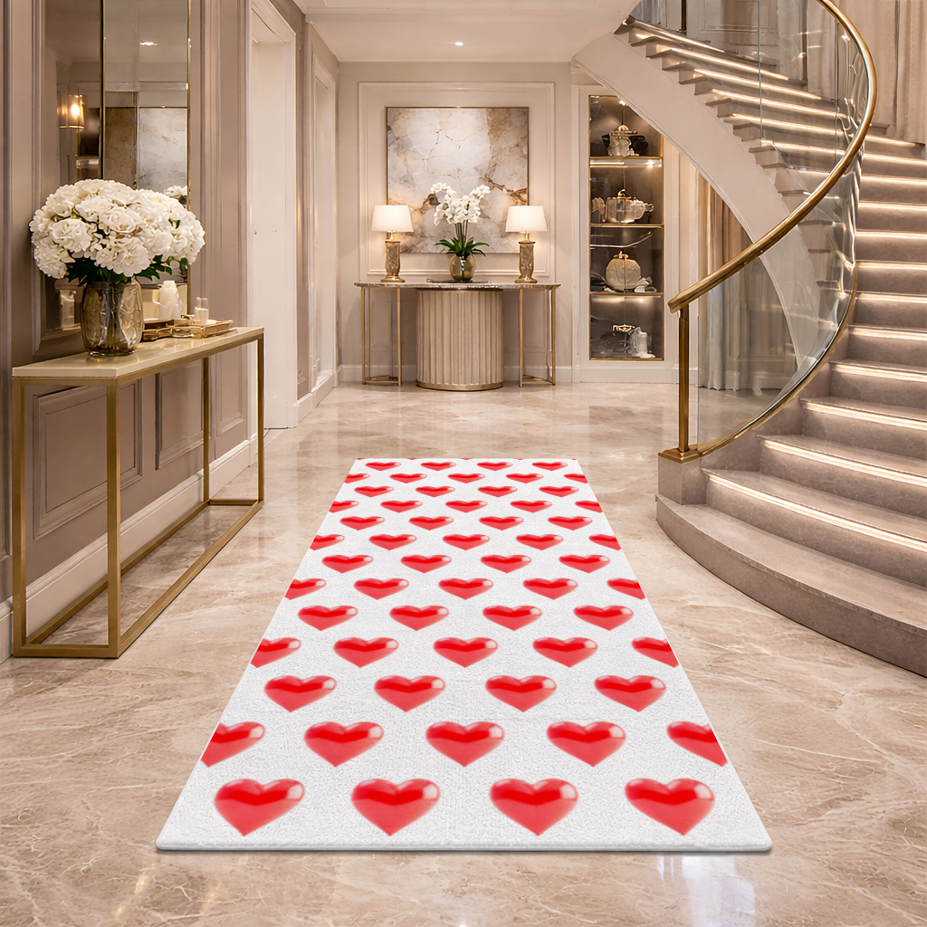 Glossy Red 3D Heart Hallway & Entryway Rug