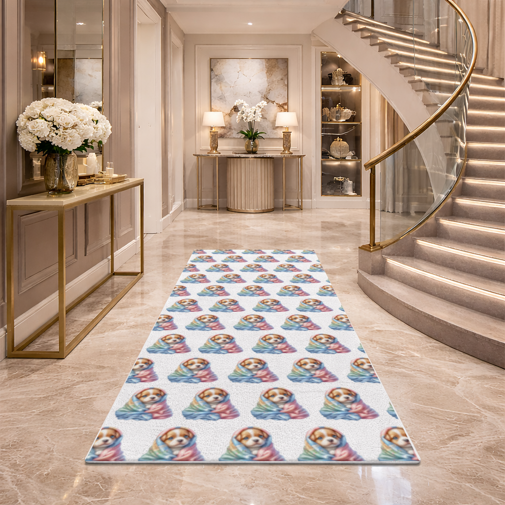 Cute Puppy Wrapped in Colorful Blanket Hallway & Entryway Rug