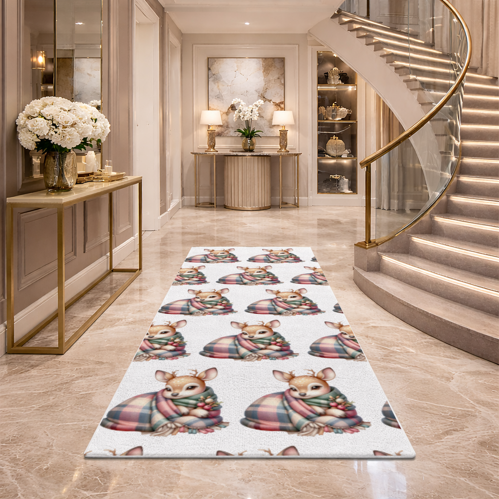 Kawaii Baby Deer with Plaid Scarf Hallway & Entryway Rug