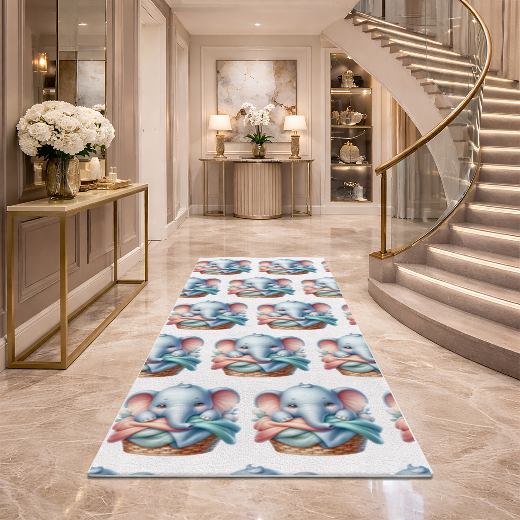 Cute Baby Elephant in Basket Hallway & Entryway Rug