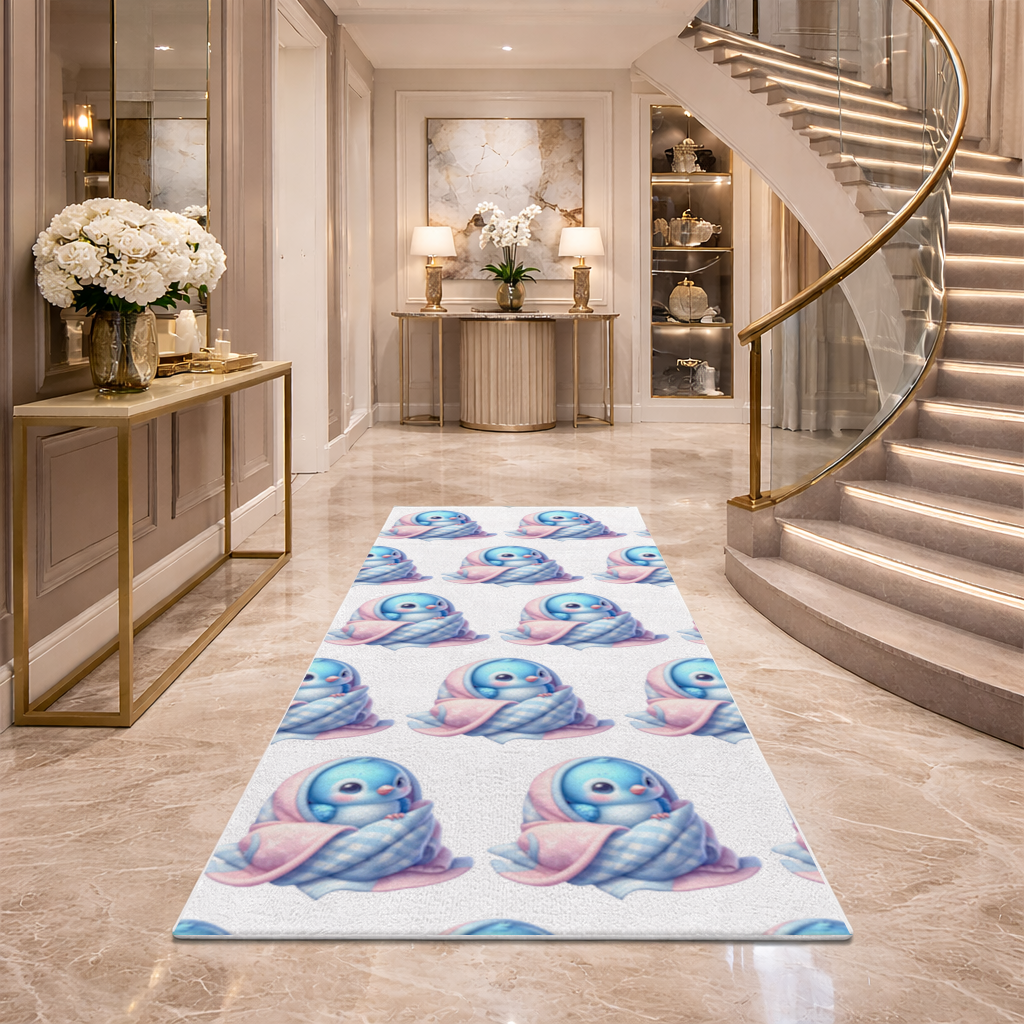 Kawaii Blue Bird in Blanket Hallway & Entryway Rug