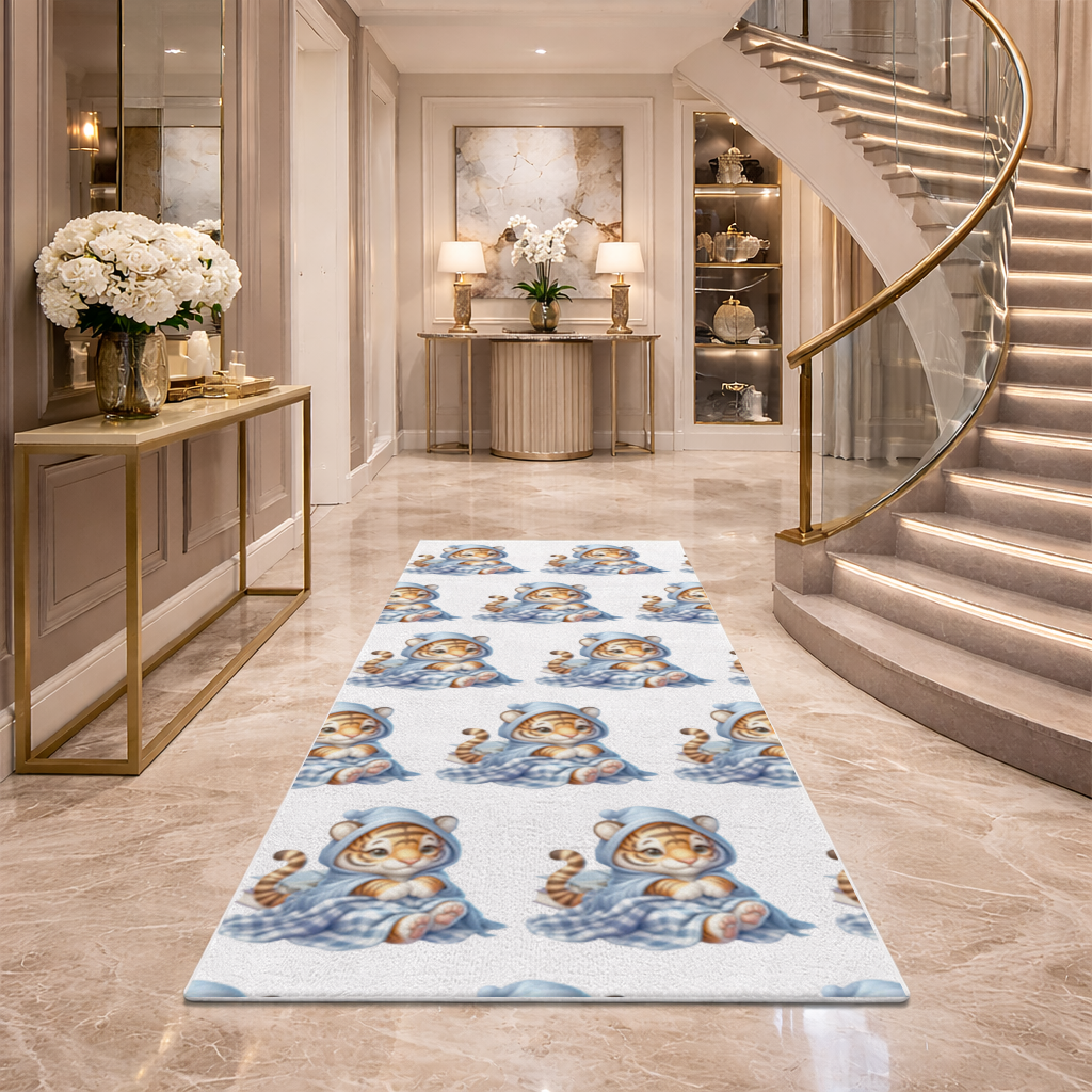 Sleepy Baby Tiger Cub on Books Hallway & Entryway Rug