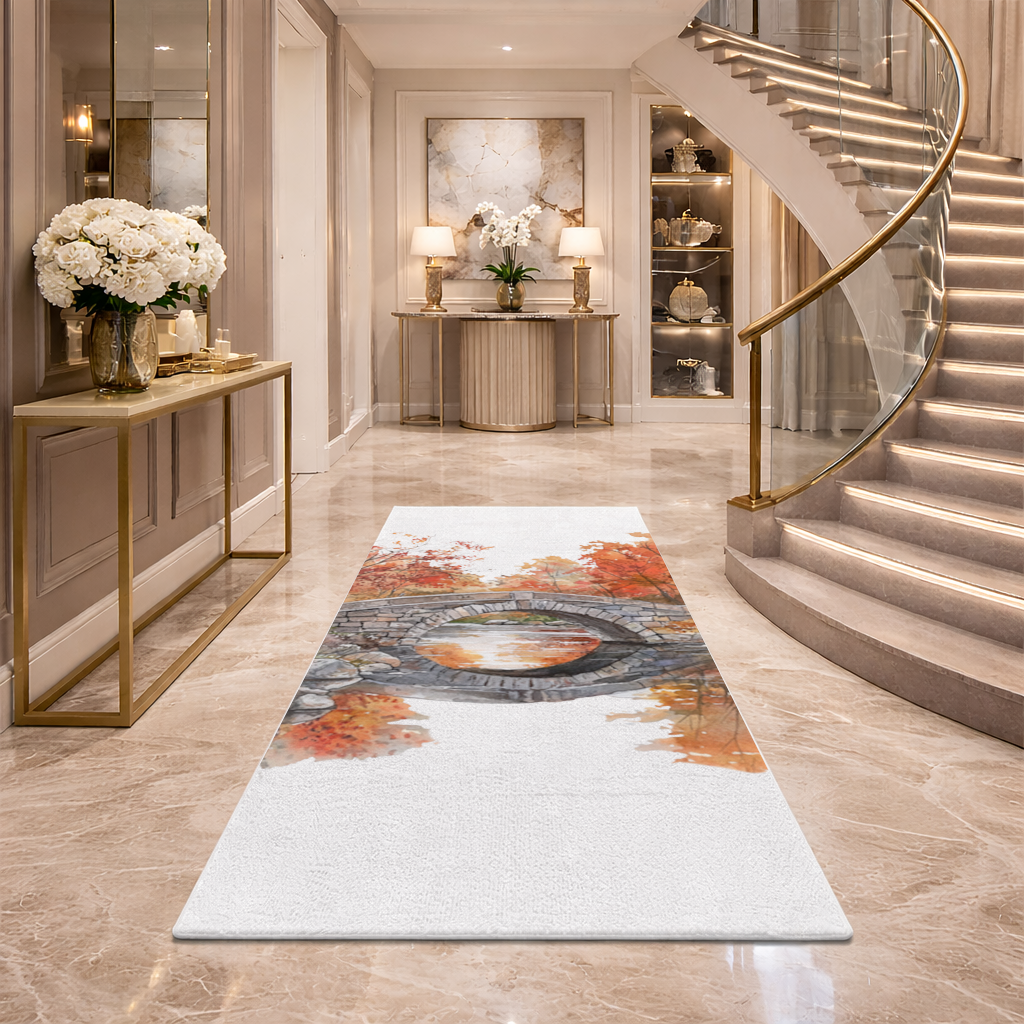 Autumn Stone Arch Bridge Over River Hallway & Entryway Rug