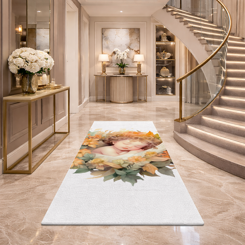 Sleeping Cherub in Cottagecore Flowers Hallway & Entryway Rug