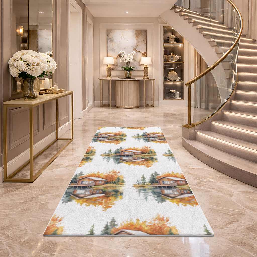 Lakeside Log Cabin Autumn Landscape Hallway & Entryway Rug