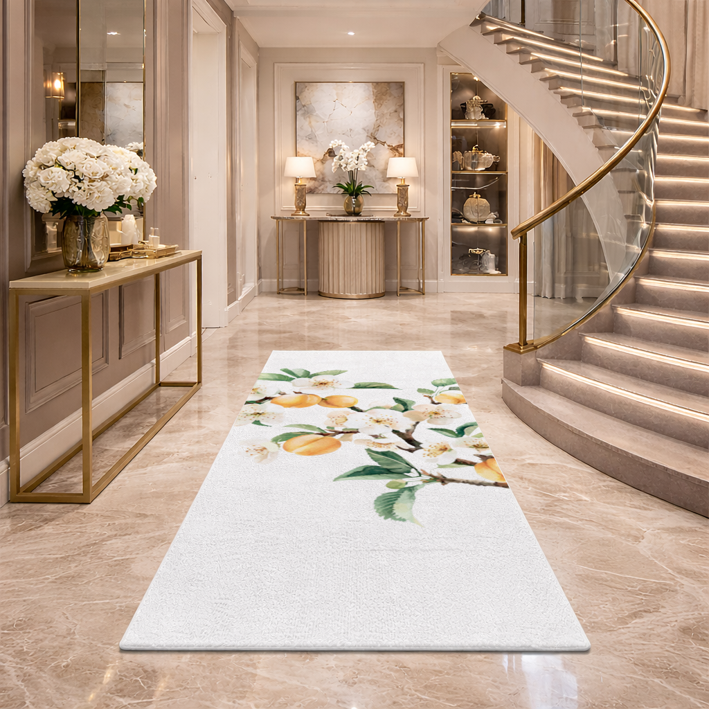 Watercolor Apricot Blossom Branch Hallway & Entryway Rug