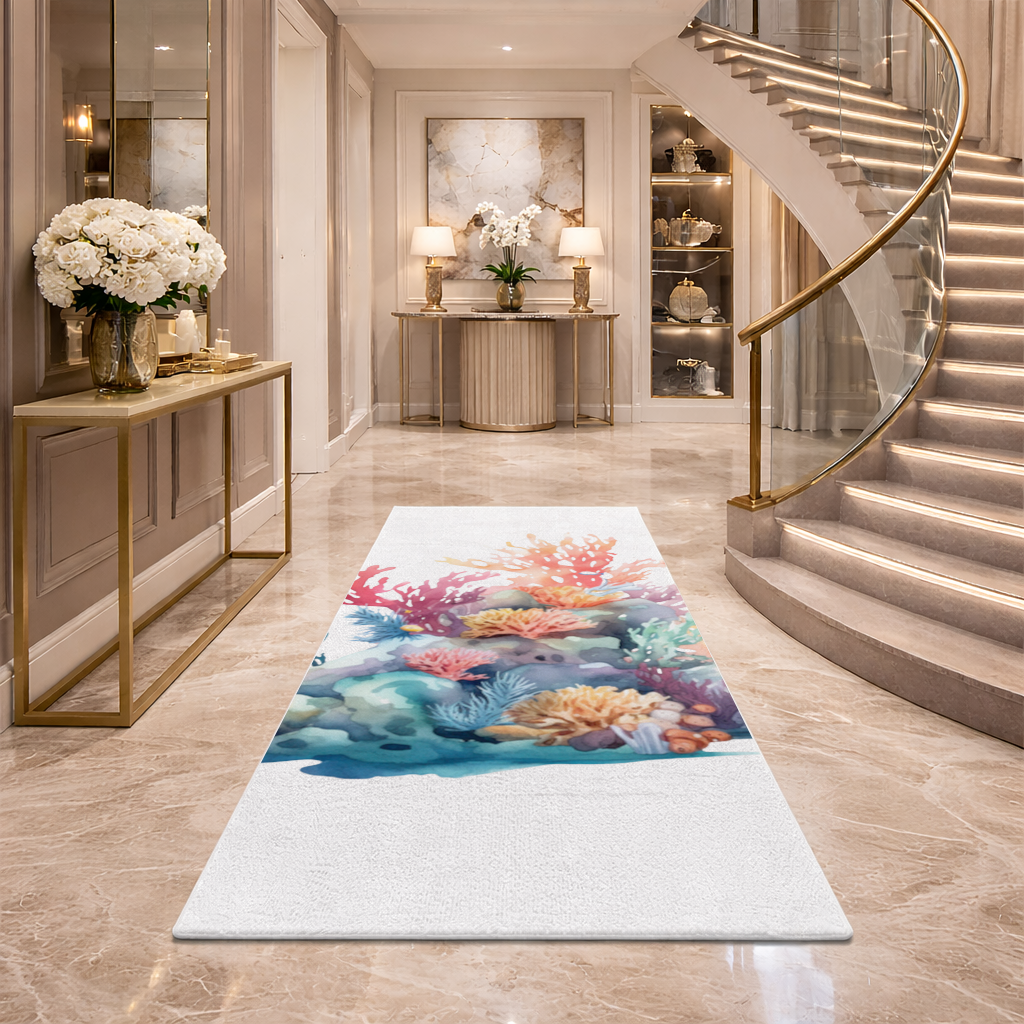 Vibrant Watercolor Coral Reef Scene Hallway & Entryway Rug