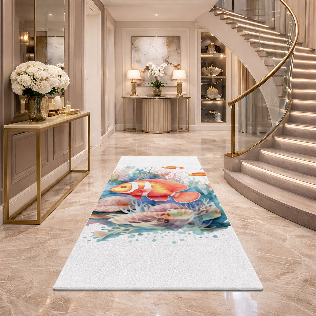 Watercolor Clownfish and Tropical Coral Reef Hallway & Entryway Rug
