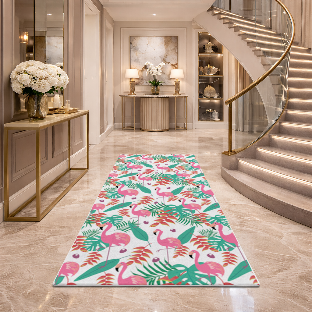 Pink Flamingo Tropical Leaves Hallway & Entryway Rug